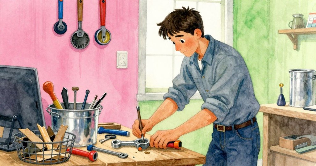 埃梅特於新房間中整理工具,金屬容器與籃中碎木並列,膠水與影子交錯顯現精細作業步驟。