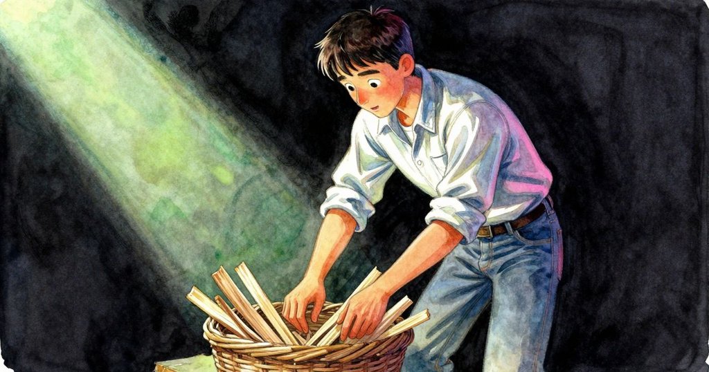 埃梅特慎重選取細松木片,手部細節與表情流露決斷,工作台上工具隱現緊張氛圍。