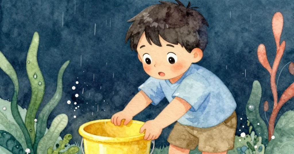 馬可伸手進入黃色桶中, 撥弄躺側的塑膠長頸鹿, 細密雨滴在手上閃耀, 感覺小心又期待