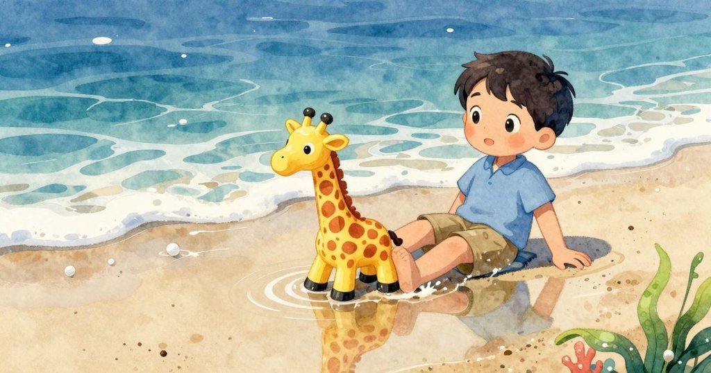 塑膠長頸鹿滑向狹小水池, 水面波光粼粼映出牠的身影, 周圍海浪泡沫輕柔點綴, 呈現動感畫面