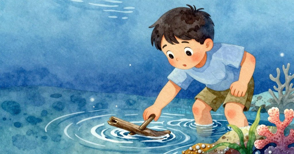 在淺水中, 木棍靠近漂流木, 馬可伸手用木棍撥動塑膠長頸鹿, 水面輕輕蕩漾, 呈現溫柔氣氛