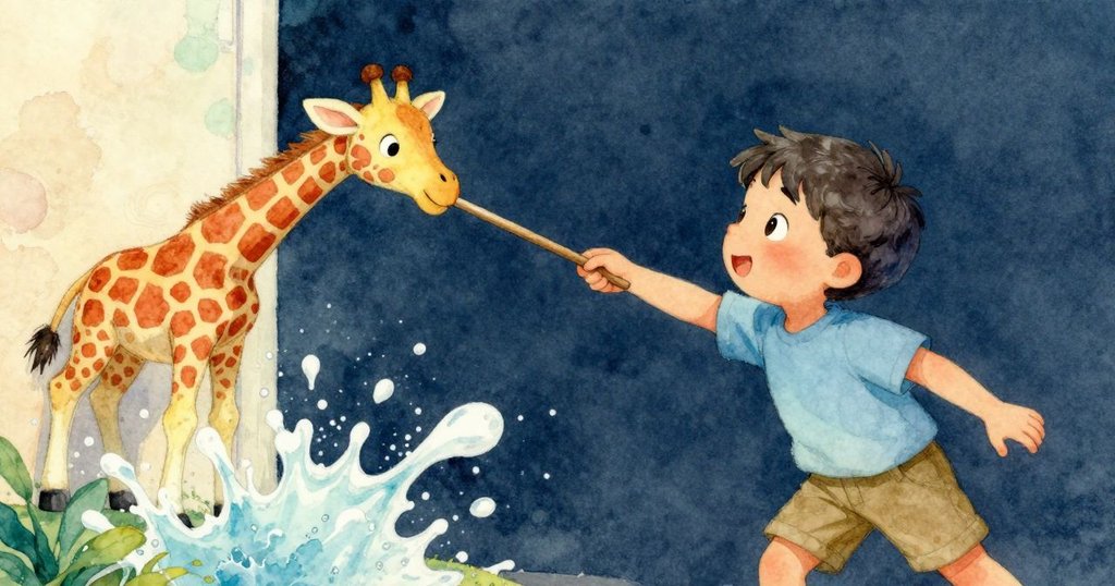 馬可用木棍迅速戳動塑膠長頸鹿, 長頸鹿撞擊桶壁, 飛濺水花映出驚喜與釋然