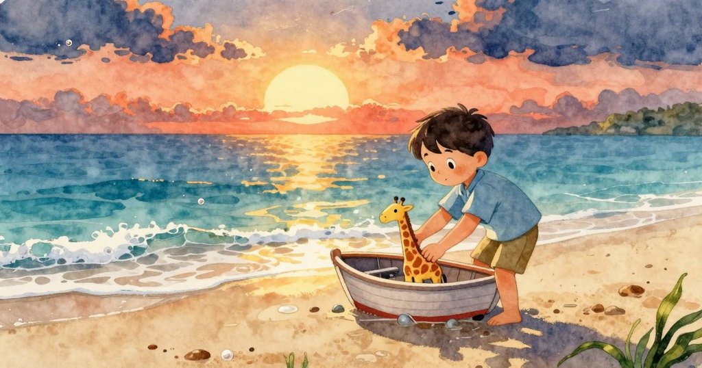 黃昏金色時分, 馬可將塑膠長頸鹿輕放入玩具船中, 船隨濕沙漂流, 小螃蟹從旁爬過, 全景展現溫馨結局