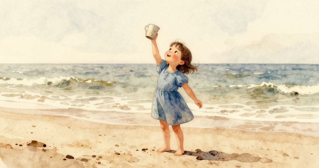 Zara在海灘上舉杯,海浪輕拂沙灘,陽光溫暖,她動作活潑展開冒險