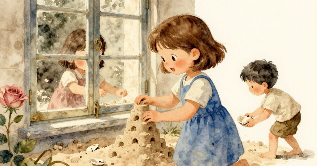 透過海灘小屋窗戶看見Zara製作沙塔,Clyde帶著貝殼微笑走入,溫柔光線映入眼簾