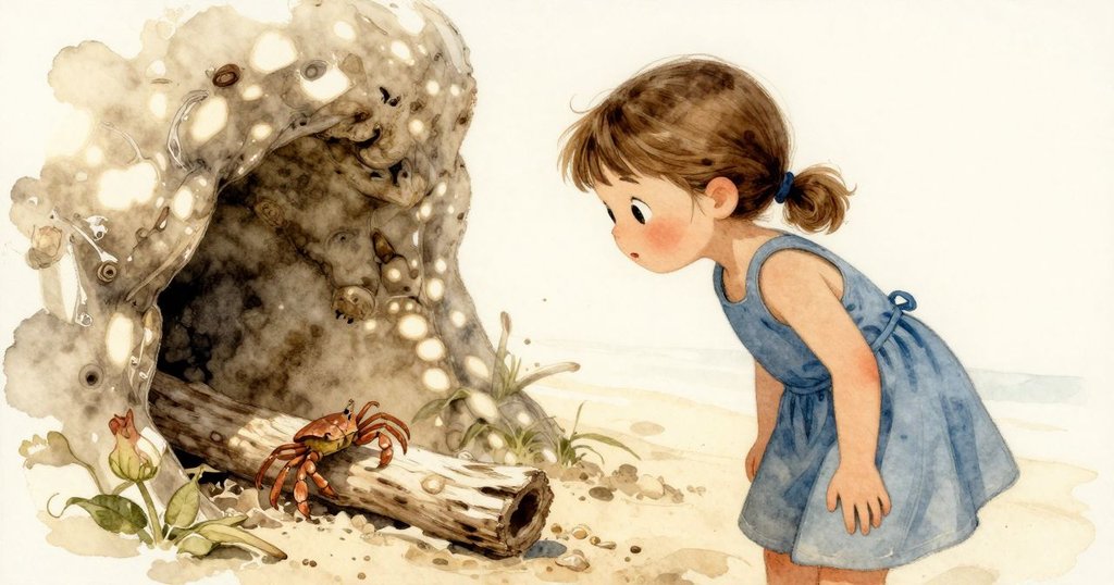 隱蔽海灘角落中,一隻小螃蟹敲擊木頭,Zara好奇觀看,斑駁光影增添秘境感