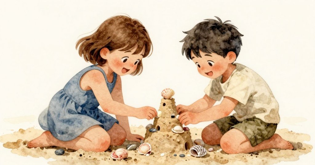 Clyde將平滑白貝殼給Zara,兩人圍繞沙塔玩石子遊戲,臉上洋溢著快樂與友愛