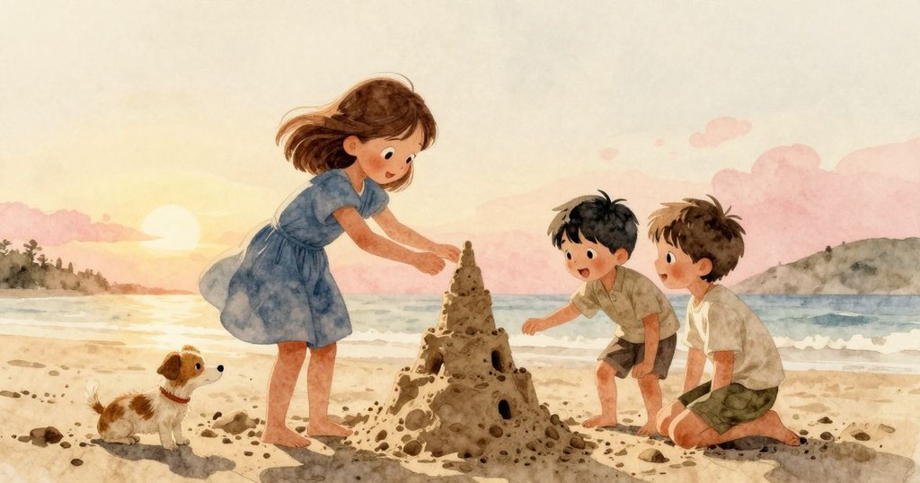 完成的沙塔矗立海灘上,犬隻輕拂塔邊,Zara與Clyde滿懷成就微笑,夕陽映照全景,展現冒險尾聲