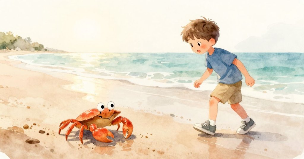 Eli跟隨著小螃蟹在海灘上前行,濕沙上泛著晨光,充滿好奇與溫暖的早晨氛圍