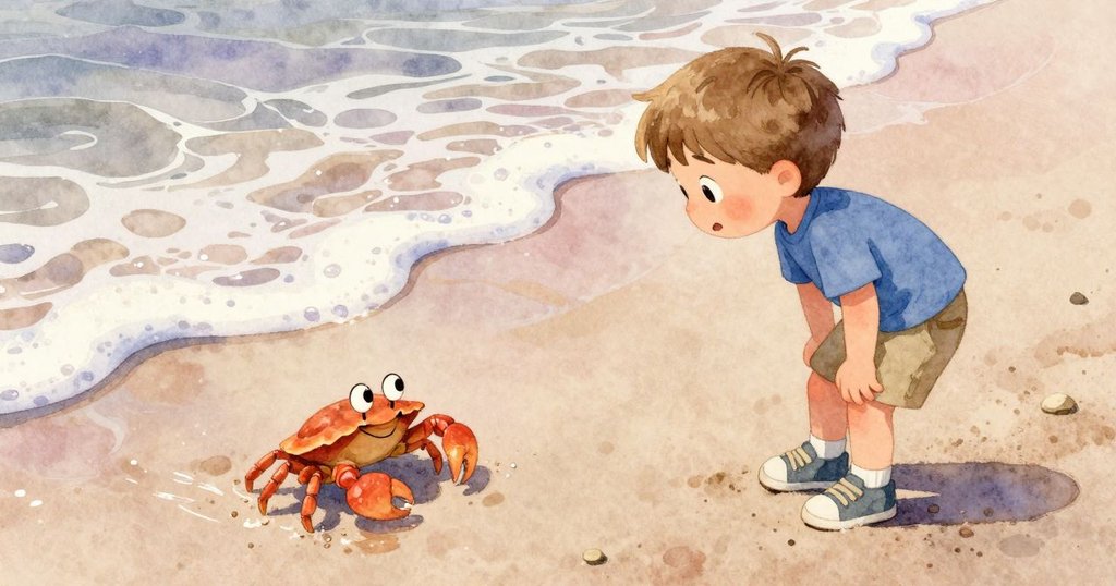 螃蟹前進到閃閃發光的潮池邊,Eli仔細觀看腳邊冒泡的海水,畫面充滿驚奇與溫柔氛圍