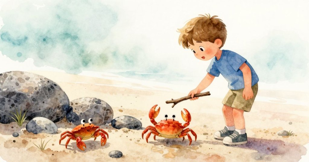 Eli從後方觀看,專注地拿起一根樹枝來連接岩石間的空隙,背景中螃蟹靈巧穿梭,展現決心與探索