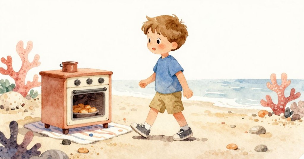 Eli邁步向前走向毛巾上擺放的玩具爐,兩枚卵石起支撐作用,整個場景既幽默又充滿想像力