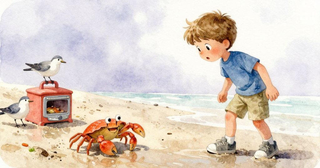 鳥群降落於玩具爐附近,揮動翅膀引起沙塵飛舞,螃蟹急忙躲藏其中,Eli靜觀變化,神情既驚訝又平靜