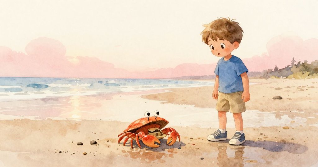 Eli靜立於濕潤沙灘上,螃蟹悄悄躲在玩具爐下,夕陽餘暉中海灘寧靜淡雅,展現故事的平和結尾