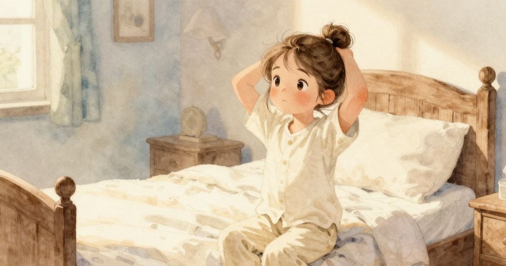 小女孩在安靜臥室中醒來，溫暖的晨光灑落在木床與枕頭上，她輕抬頭注視細微灰線，神情溫柔而期待。