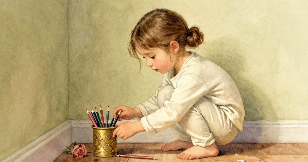 小女孩蹲在低矮架旁，仔細查看歪斜的鉛筆杯與散落鉛筆，動作溫柔展現對細節的專注。