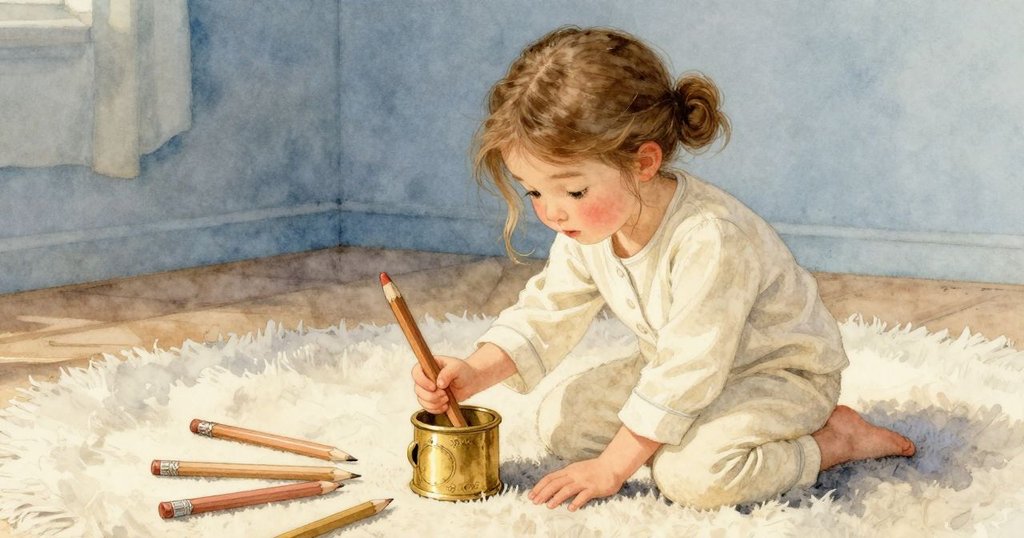 從高處俯視，小女孩溫柔按正傾斜鉛筆杯，散落鉛筆在地毯上滾動，細膩呈現其專注動作。