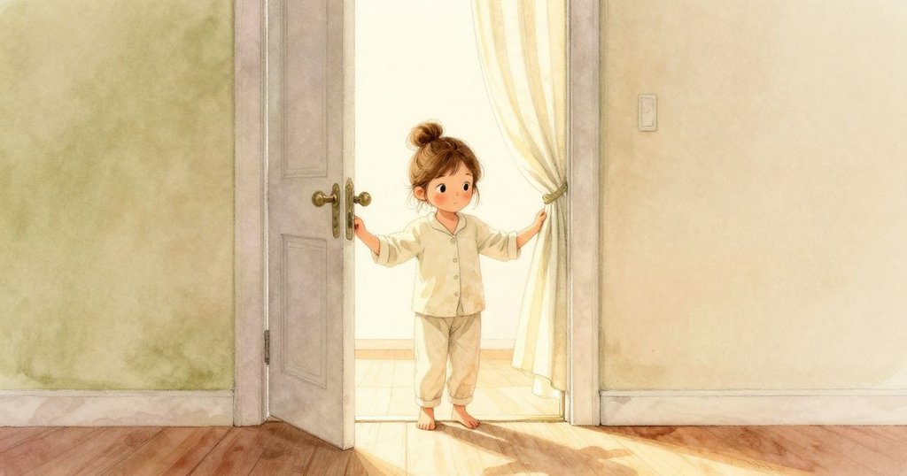 小女孩朝著開放的門邊走去，窗簾隨晨風輕舞，背景走廊中溢出明亮溫暖光線，象徵新的開始。