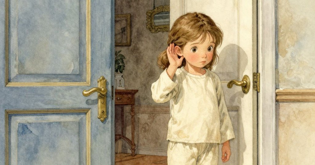 小女孩在門邊停下，聽著輕柔早晨問候，面露堅定與溫柔之情，背景細節展現家中安全與溫暖。