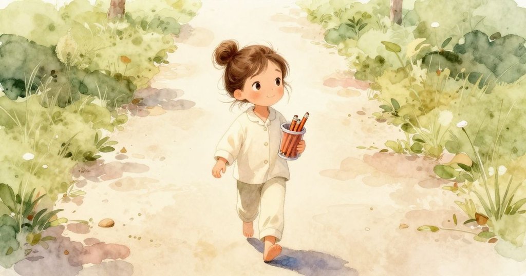 小女孩手持裝滿鉛筆的杯子，自信邁向光明道路，象徵新一天的開始與充滿希望的未來，背景光線溫暖。