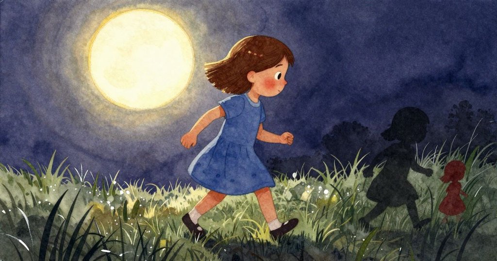 Petra在後門踏出, 輪廓清晰, 陽光從背後灑在濕潤草地上, 神情期待, 早晨開始新的一天。