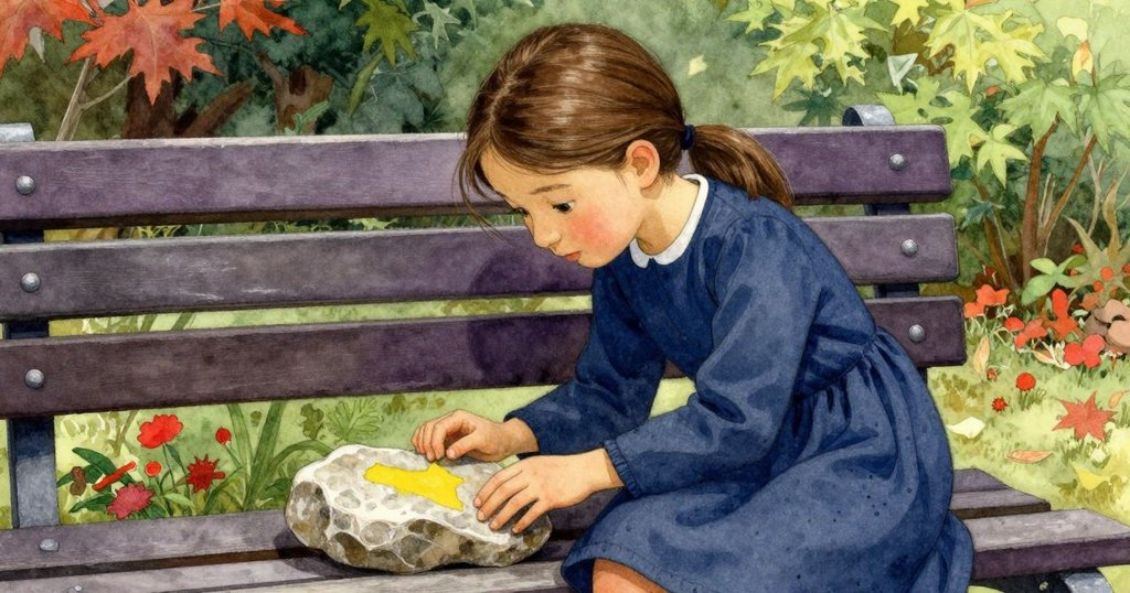 Petra在花園長凳旁彎腰檢視上面有亮黃色痕跡的石塊, 背景透露秋意, 陽光柔和, 氣氛溫暖。