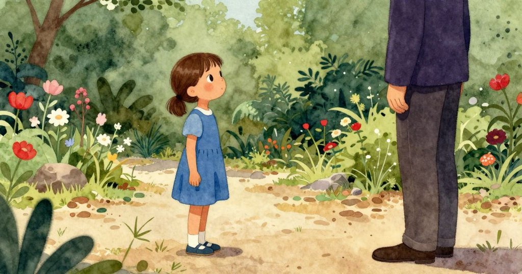 Petra沿乾燥小徑回返, 遇見揮手問候的長輩, 彼此點頭示意, 庭園靜謐而明亮, 象徵日常延續與成長。