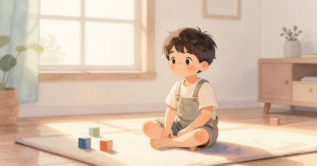 早晨，Seth 坐在涼爽的墊子上，溫柔日光灑進室內，背景有積木和暖心的家庭氛圍，神情安靜