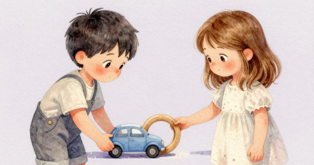 細節特寫，一個木製圓環上散落著蠟筆粉塵，藍色小車輕觸環邊，光影柔和，質感豐富