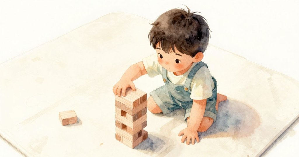 以高角度俯視，Seth 坐在墊上，周圍搭成不穩的積木塔和車輪留下的淡痕，充滿童趣