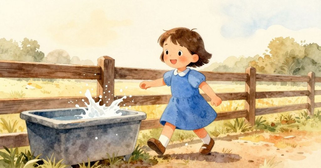 哈雷走向農場圍欄入口,水槽滴水飛濺,晨光映照下展現啟程和期待的氛圍