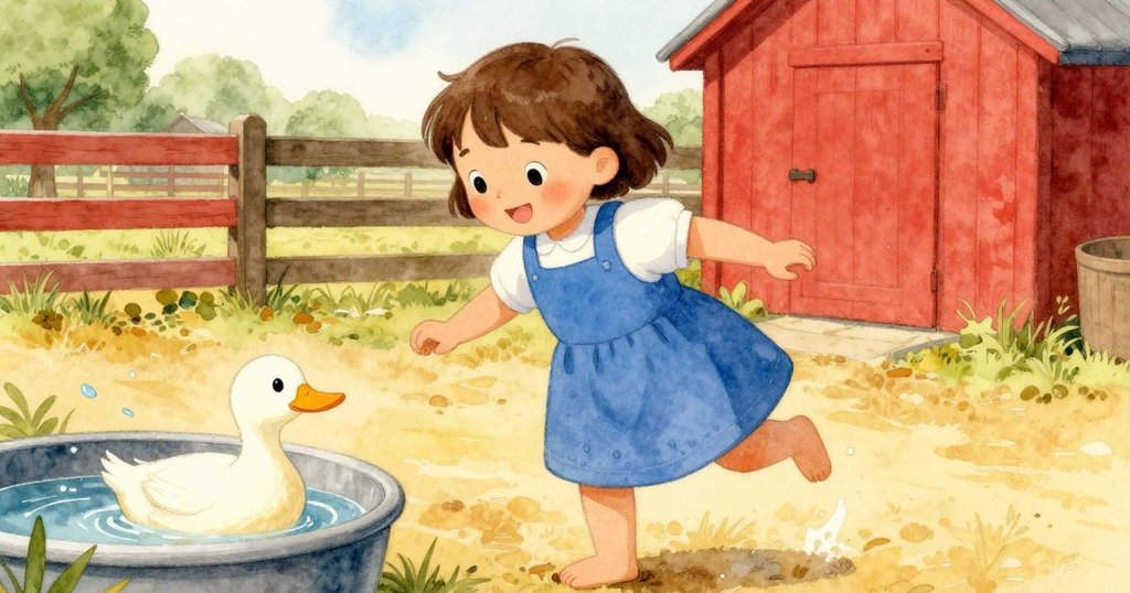 鴨子在戶外水槽旁振翅飛舞,滴落水珠輕觸哈雷腳踝,營造出農場活力與自然互動的情景