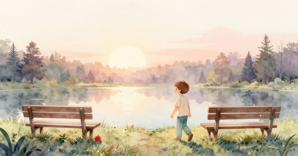 Wade在晨曦中走向池塘，草地上散發著甜美青草香，面帶期待微笑，展現大自然寧靜氛圍