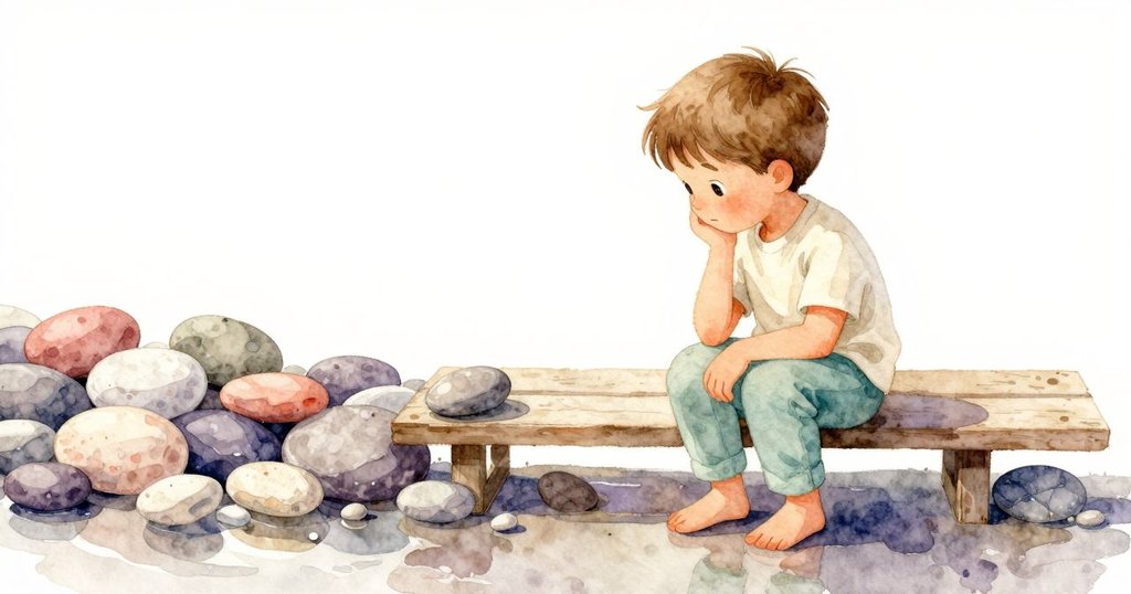 Wade專注整理鵝卵石，水中映出他的表情與石頭細節，呈現溫暖思索氛圍