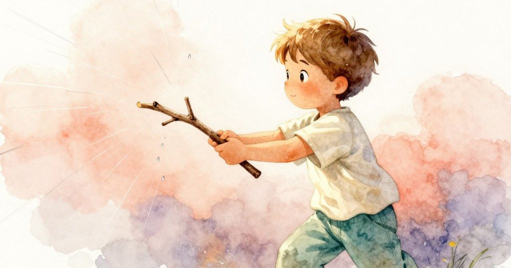 Wade用樹枝細心操控掉落石子，樹枝上閃爍著水珠，柔和陽光灑下展現自然微妙變化