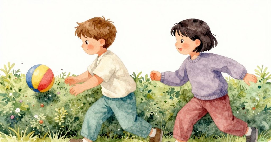 Wade與另一名孩子驚喜互動，樹籬旁明亮球體滾出散落鵝卵石，充滿動感與驚喜瞬間