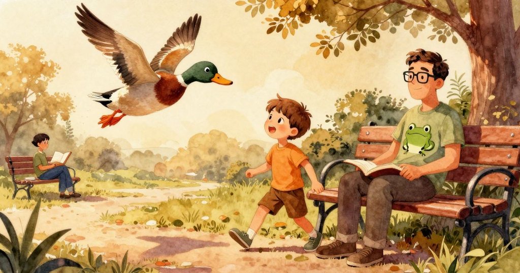 在公園中，Wyatt跪在水坑邊製作小船，Uncle Henrik坐在長椅上閱讀，小鴨拍打翅膀，陽光溫暖明亮