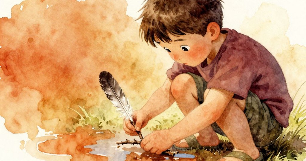 Wyatt專注地用手搭配紙杯、樹枝和羽毛製作小船，臉上滿是創意與喜悅，背景隱約顯示水坑反光