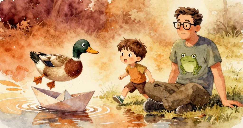 從小鴨視角看去，紙杯小船在水坑中輕輕漂流，水面漣漪蕩漾，透出詩意與好奇的情懷