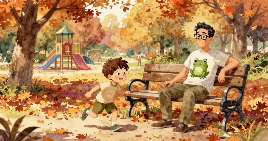 Uncle Henrik在秋日公園長椅上放鬆，周圍落葉紛飛，目光溫柔地看著Wyatt玩耍，展現寧靜愜意情境