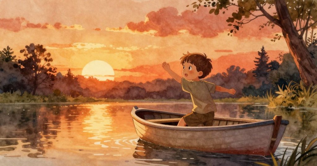 在黃金時刻，小船穩定漂浮於寧靜水面，Wyatt滿足微笑，夕陽灑落溫暖光影，情景祥和美好