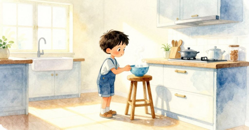 小男孩Ned坐在高凳上,注視著散發蒸氣的藍色碗,廚房溫暖明亮,玩具獅子靜靜陪伴,展現平靜開始。