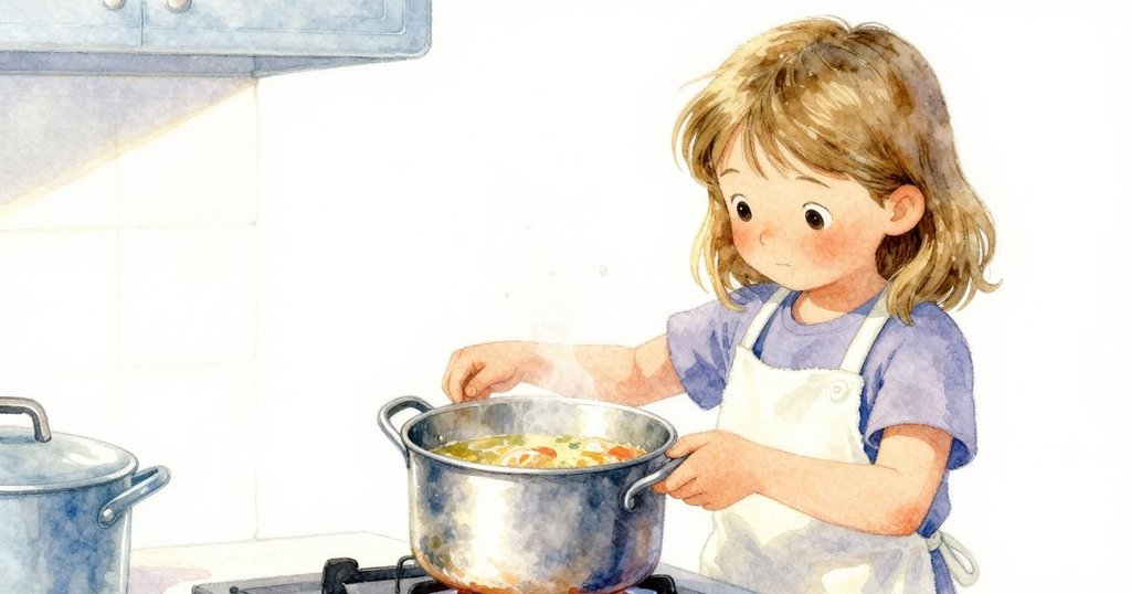 成人人用手輕提銀鍋,濃稠湯液在內搖曳,光線柔和映襯廚房背景,呈現細膩特寫。