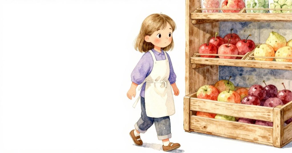 成人人朝櫥櫃走去,背景木箱內水果輕晃,室內過渡空間中呈現溫馨動態,進入寬敞大廳。