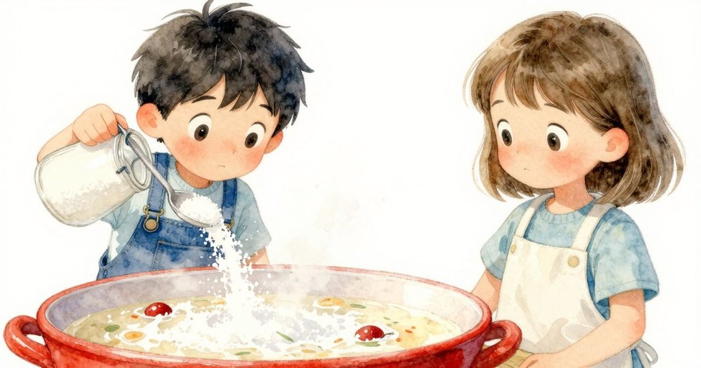 湯匙輕撞糖罐,糖粒躍入濃湯中,廚房檯面近拍展現動態追逐感,突顯緊張又活潑情境。