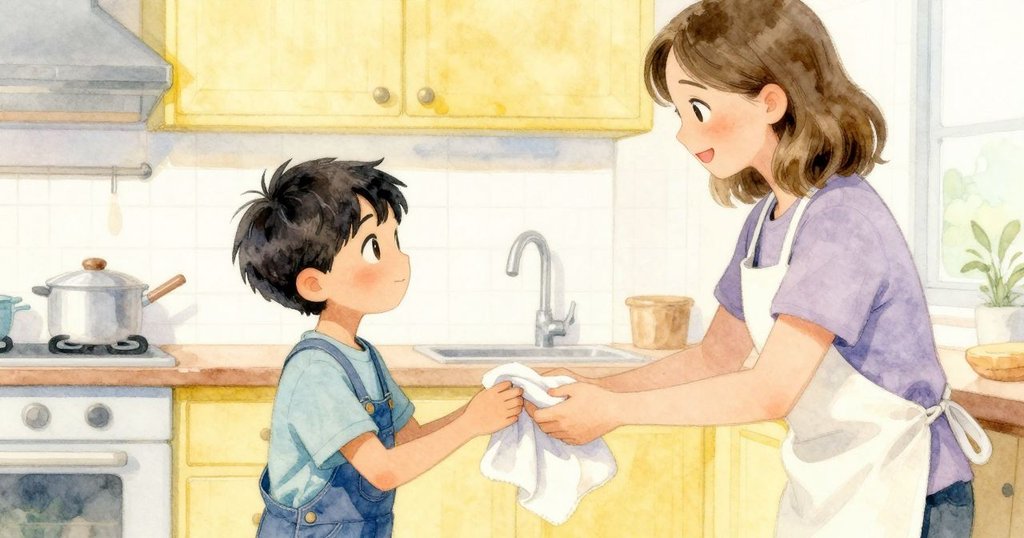 成人人將濕布遞給小男孩Ned,兩人溫情互視展露微笑,在溫馨廚房中展現互助與關愛的結局。