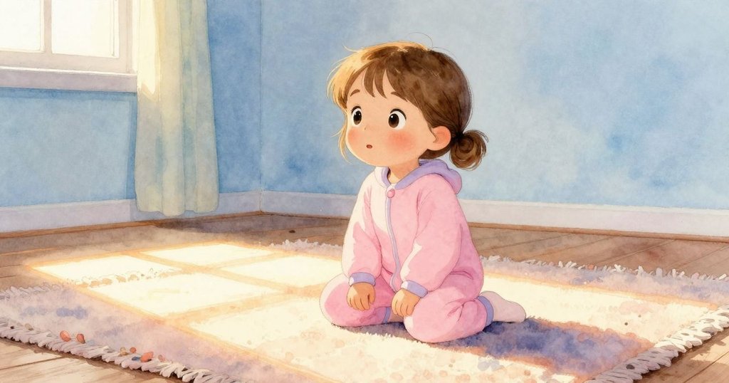 在溫暖的房間中，塔圖赤足站在柔軟毛毯上，好奇地注視著緩緩滑動的陽光，室內散落著微小塵埃，寧靜而舒心