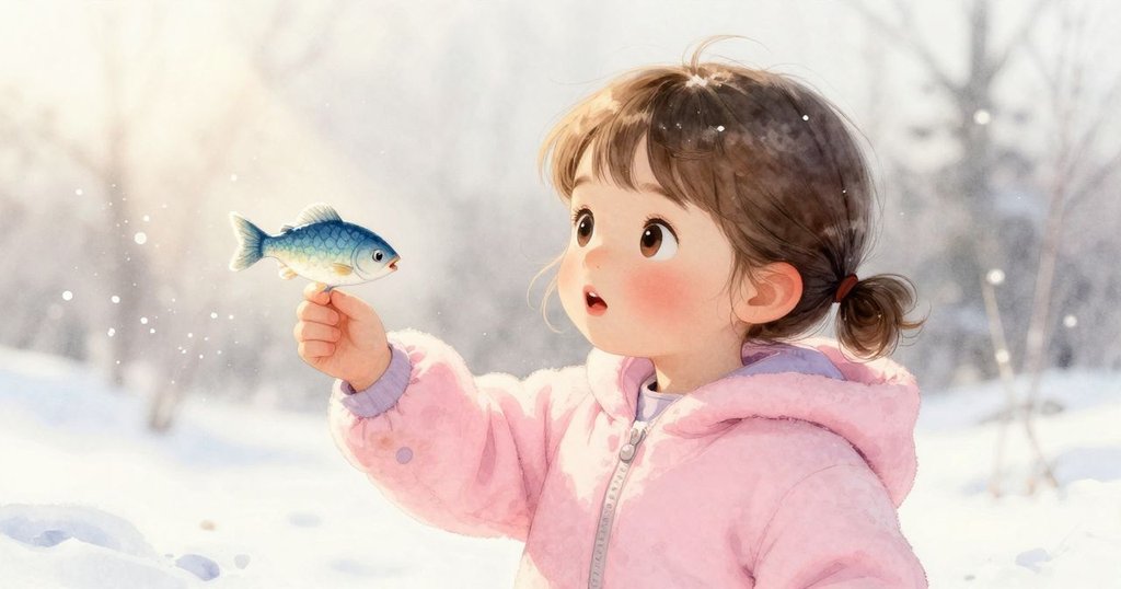 塔圖溫柔地抱著玩具魚，陽光使其發出溫暖光芒，室內塵埃隨光舞動，呈現神秘而感人的意象