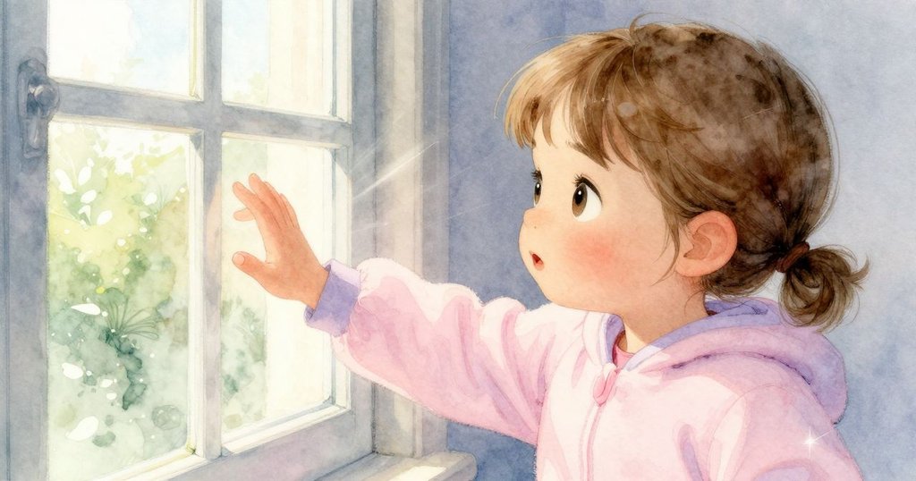 塔圖爬向大窗，手觸窗框，好奇注視著灑在玻璃上的陽光與閃爍露珠，充滿探索與期待