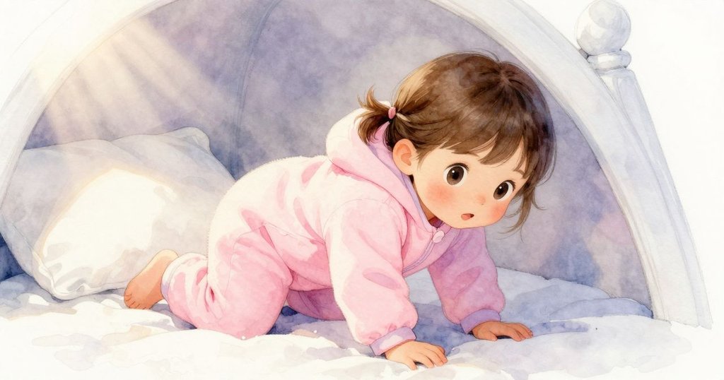 塔圖在房中床邊爬行，發現隱藏角落內陽光聚集於枕邊，銀色水杯在微光中閃耀，展現驚奇與探索